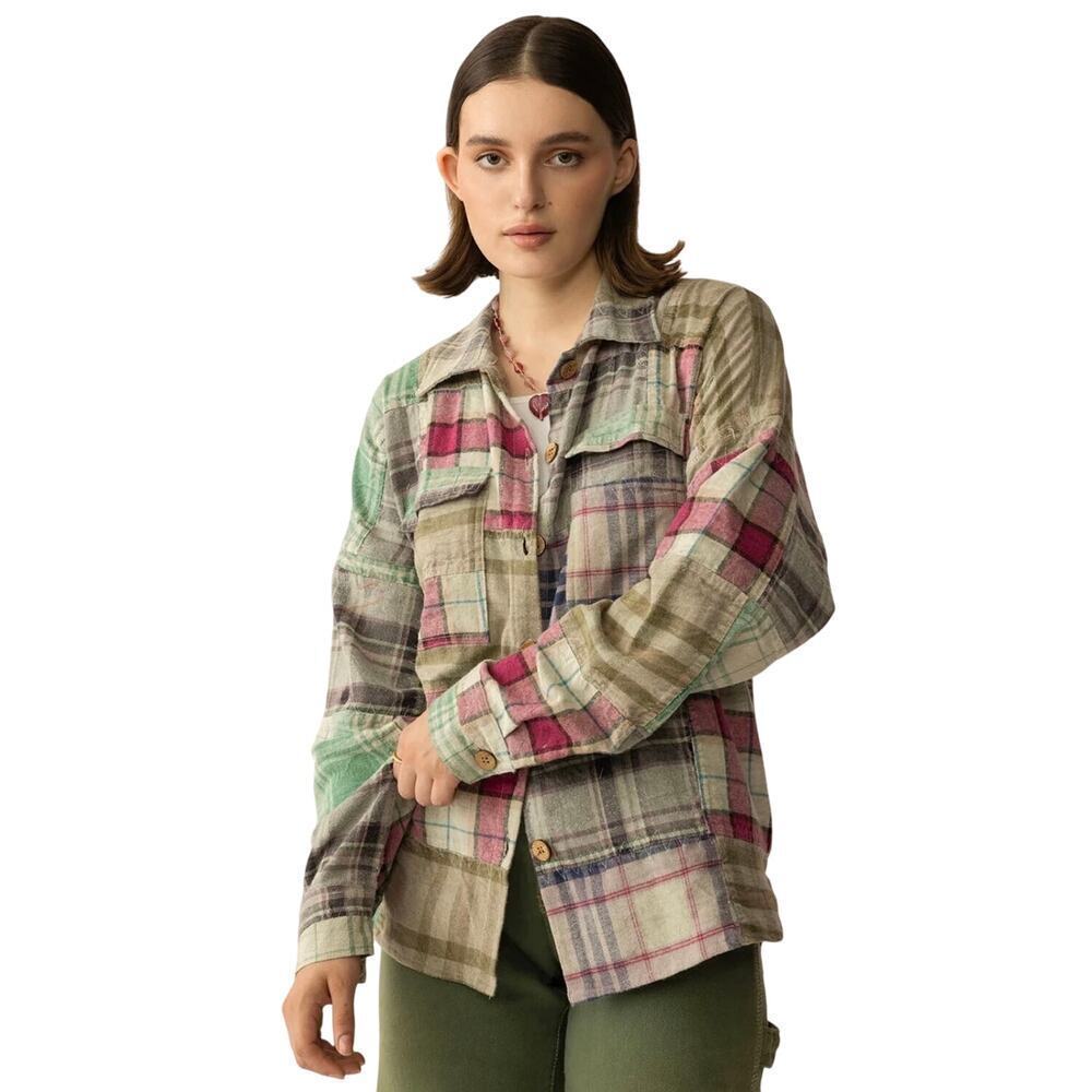 NWT Boutique Boho Boone Trail Stitch Shacket in Patchwork Plaid Petal
